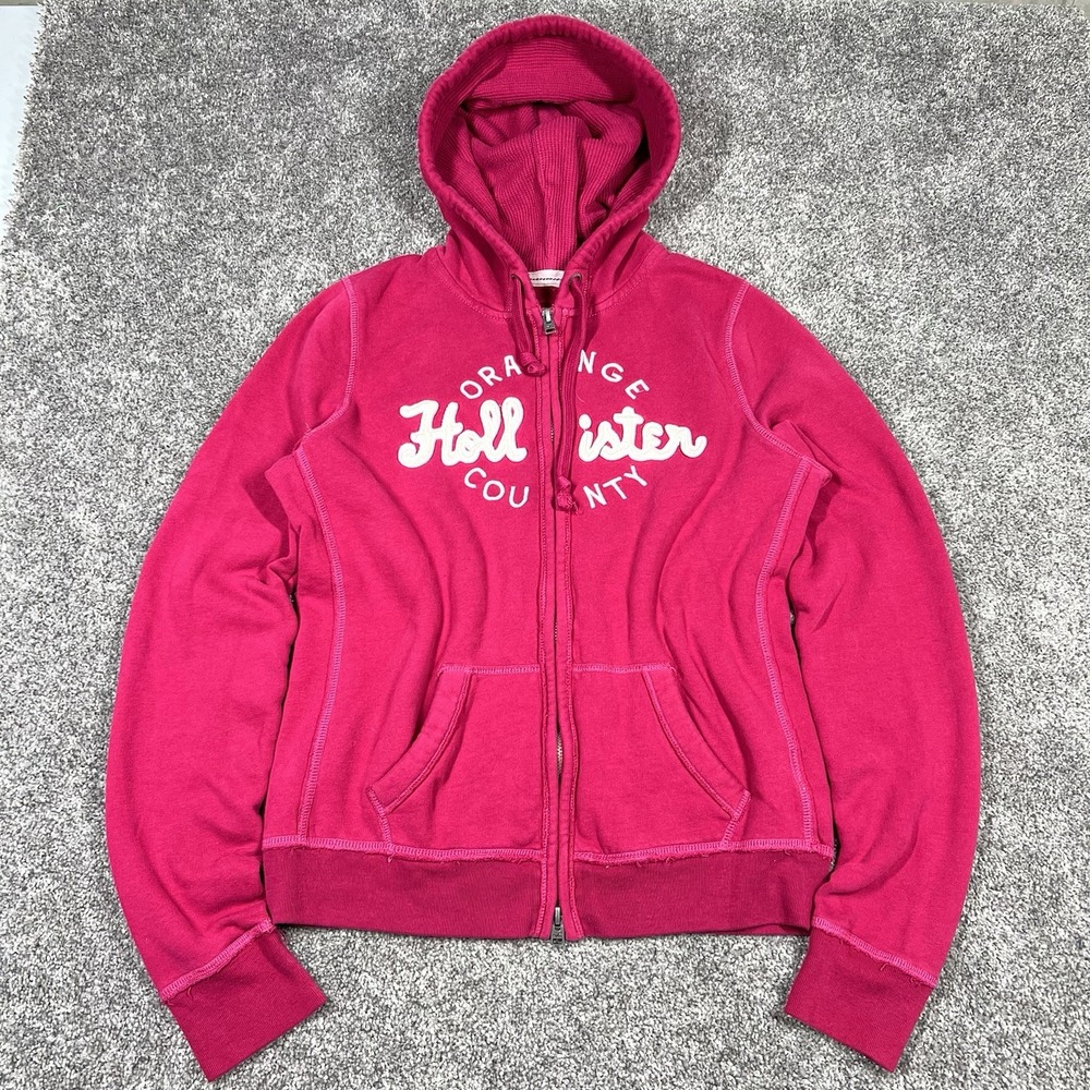 Vintage Y2K Hollister Women's Pink Zip-Up Waffle Hoodie Sweatshirt Size Large